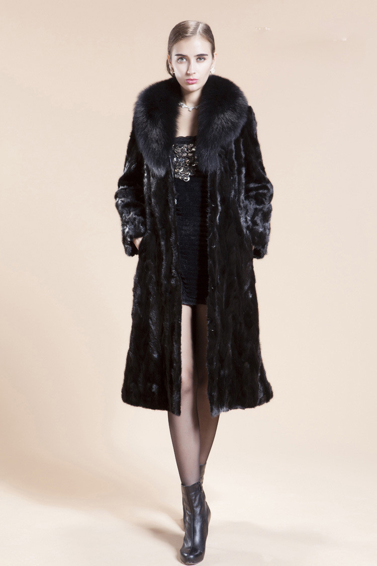 Big Wool Collar Cool Faux Mink Fur Overcoat Fashion Women Coat - Black