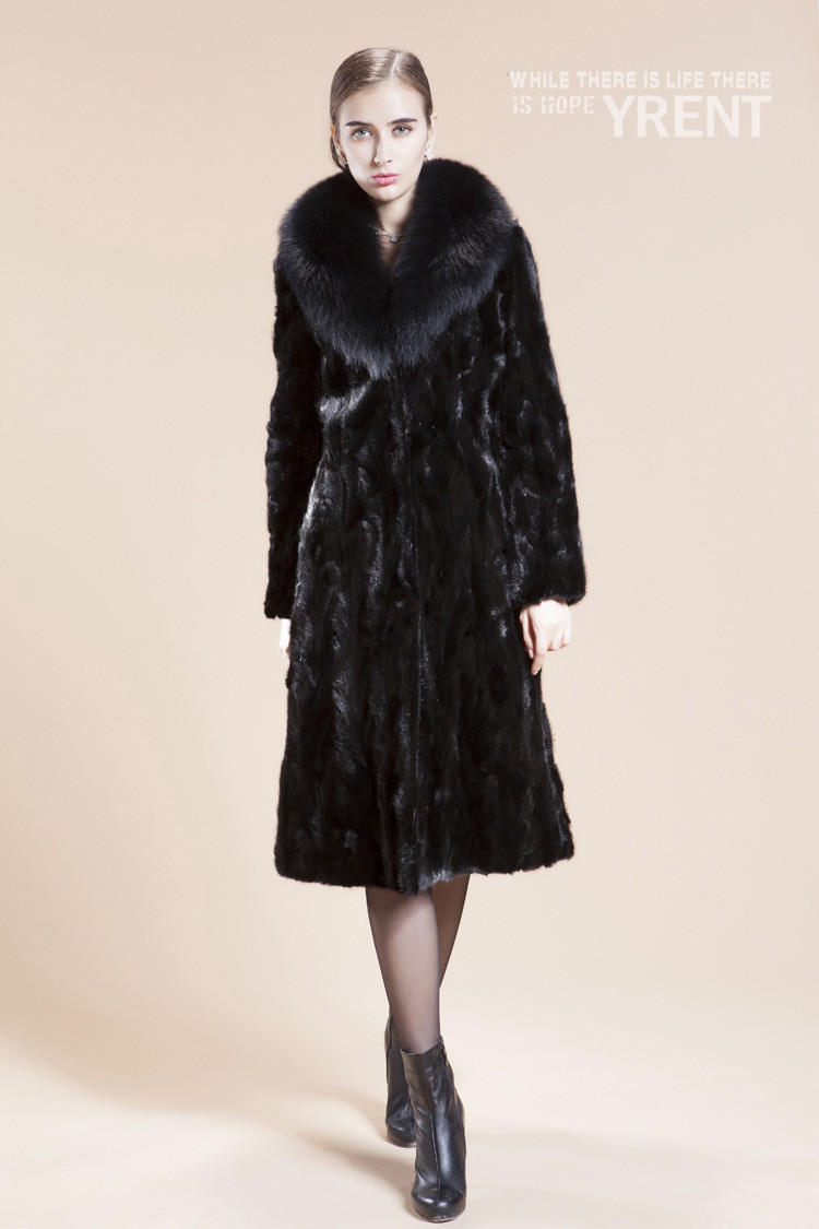 Big Wool Collar Cool Faux Mink Fur Overcoat Fashion Women Coat - Black