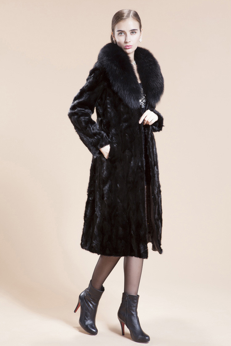Big Wool Collar Cool Faux Mink Fur Overcoat Fashion Women Coat - Black