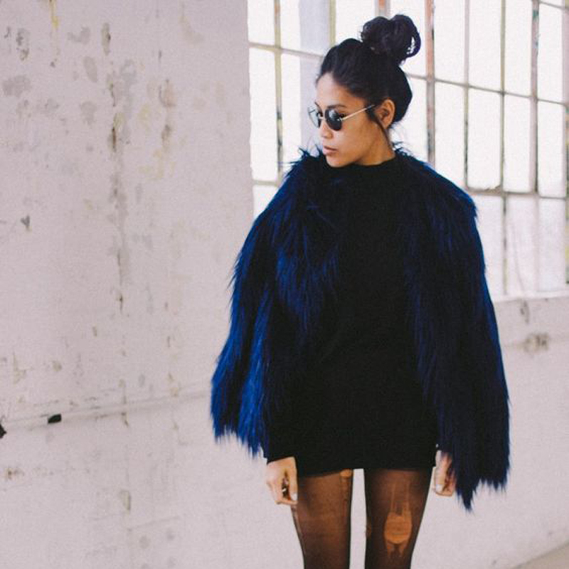 Cheap Cool Faux Fox Fur Overcoat Fashion Women Coat - Blue