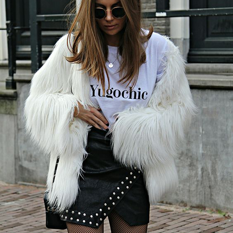 Cheap Cool Faux Fox Fur Overcoat Fashion Women Coat - White
