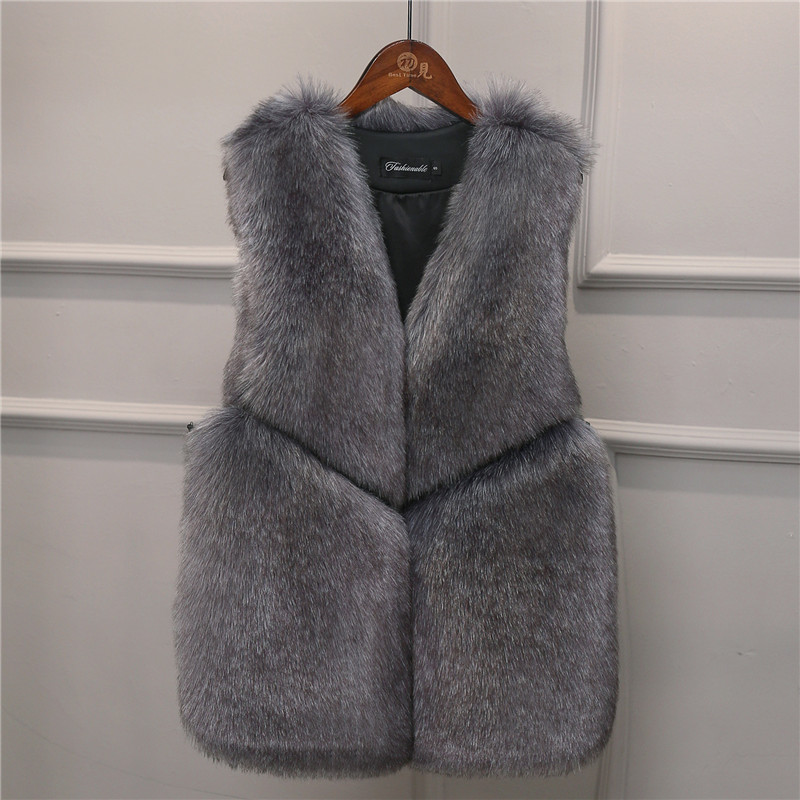 Cheap Cute Elegant Faux Fox Fur Vest Fashion Women Overcoat - Gray
