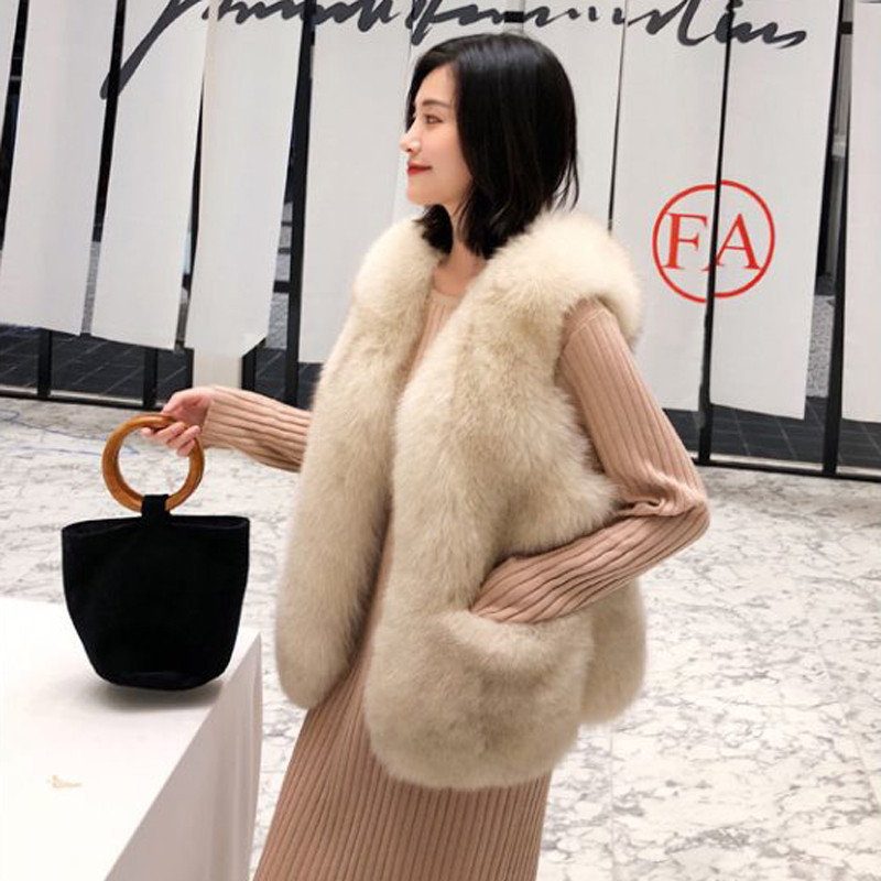 Cheap Furry Faux Fox Fur Vest Fashion Women Overcoat - Apricot 01