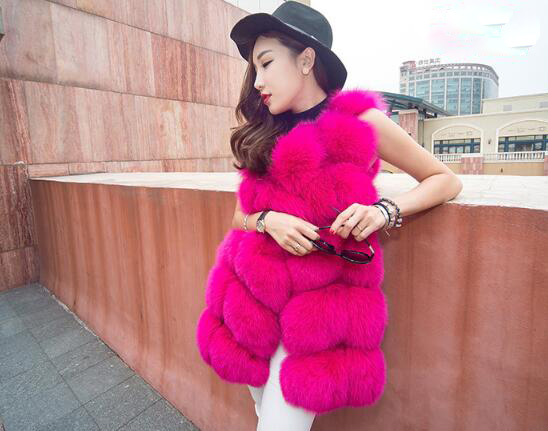 Cheap Good Warm Faux Fox Fur Vests Fashion Women Waistcoat - Rose