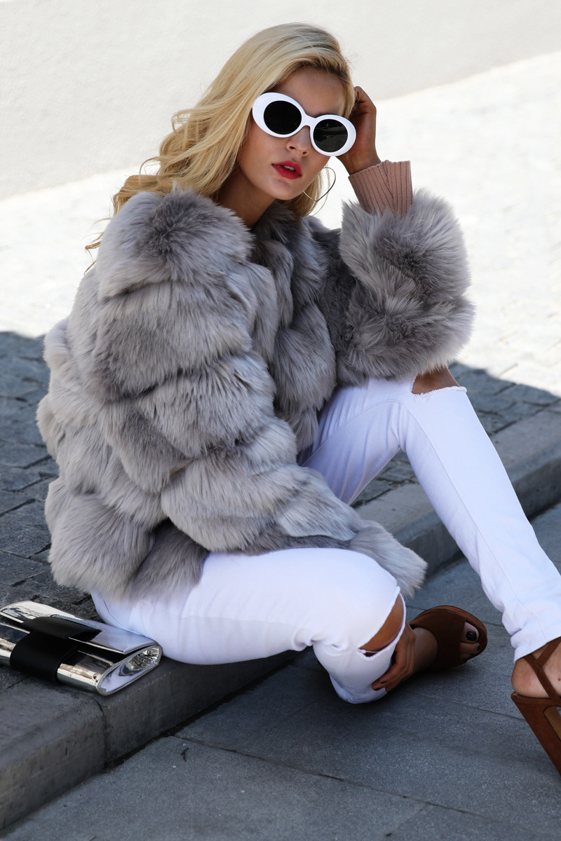 Cheap Warm Faux Fox Fur Overcoat Fashion Women Coat - Grey