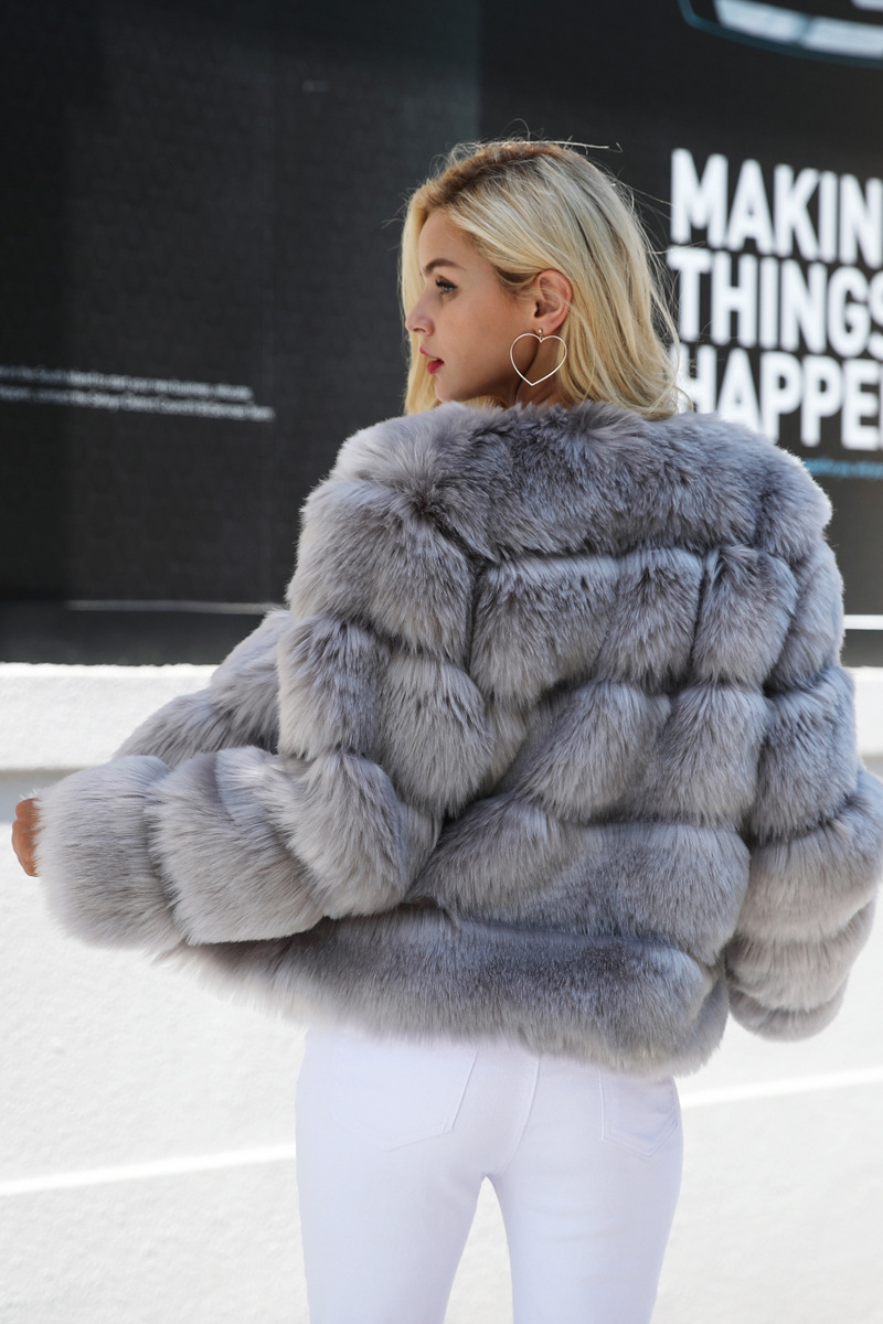 Cheap Warm Faux Fox Fur Overcoat Fashion Women Coat - Grey