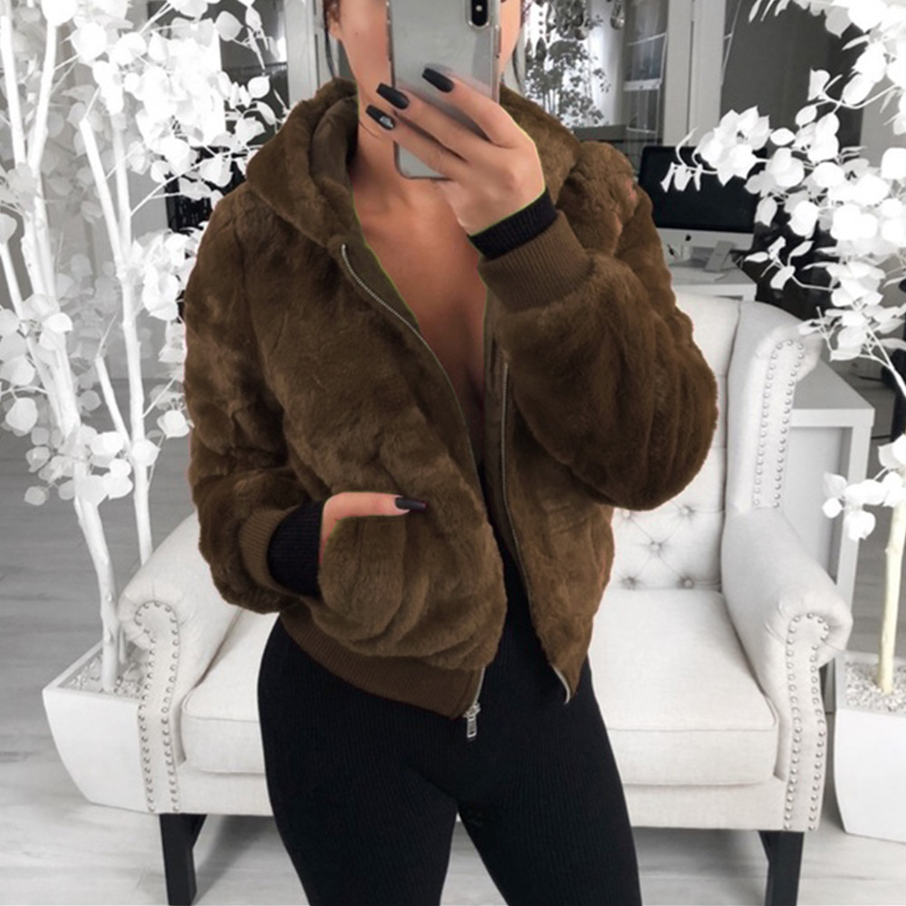 Cheap Warm Faux Rabbit Fur Overcoat Fashion Women Coat - Coffee