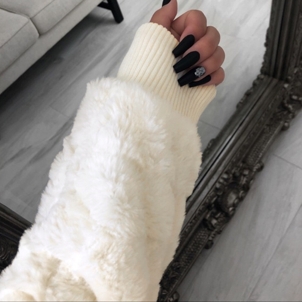 Cheap Warm Faux Rabbit Fur Overcoat Fashion Women Coat - Black