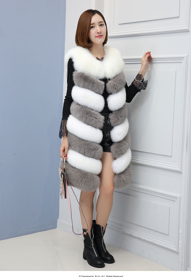 Cheap Warm Long Faux Fox Fur Vest Fashion Women Waistcoat - Gray