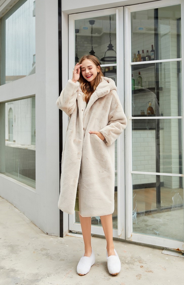 Cheap Warm Long Faux Rabbit Fur Overcoat Fashion Women Coat - Apricot