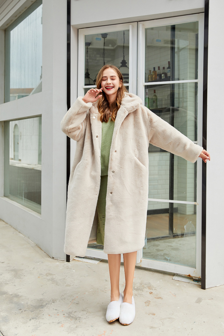 Cheap Warm Long Faux Rabbit Fur Overcoat Fashion Women Coat - Apricot