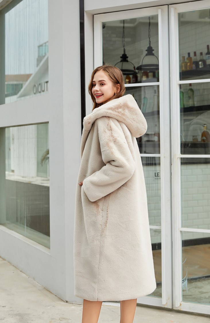 Cheap Warm Long Faux Rabbit Fur Overcoat Fashion Women Coat - Apricot