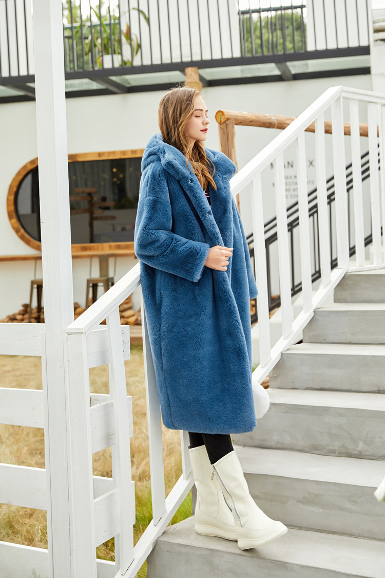 Cheap Warm Long Faux Rabbit Fur Overcoat Fashion Women Coat - Blue