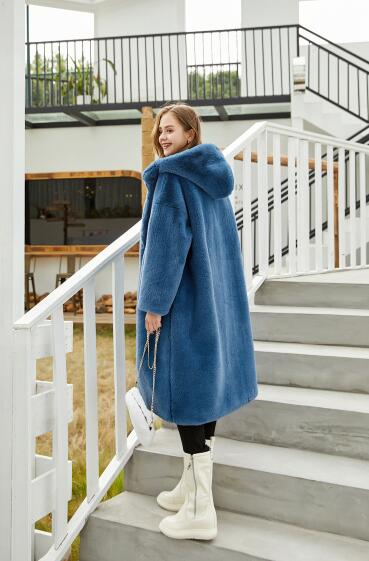 Cheap Warm Long Faux Rabbit Fur Overcoat Fashion Women Coat - Blue