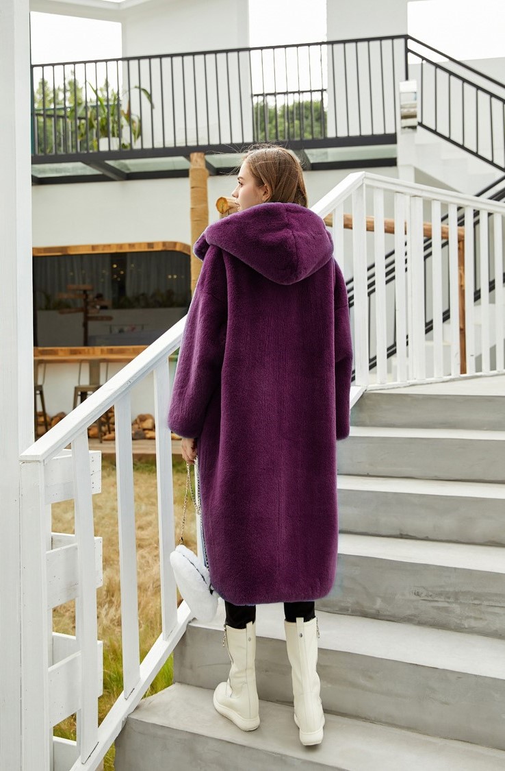 Cheap Warm Long Faux Rabbit Fur Overcoat Fashion Women Coat - Purple