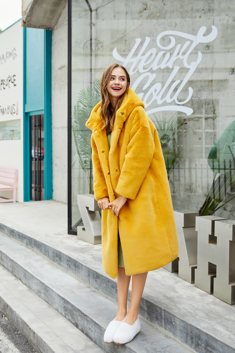 Cheap Warm Long Faux Rabbit Fur Overcoat Fashion Women Coat - Yellow