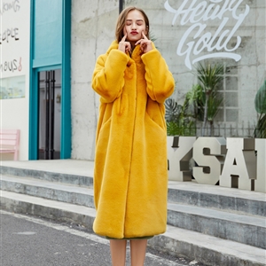 Cheap Warm Long Faux Rabbit Fur Overcoat Fashion Women Coat - Yellow