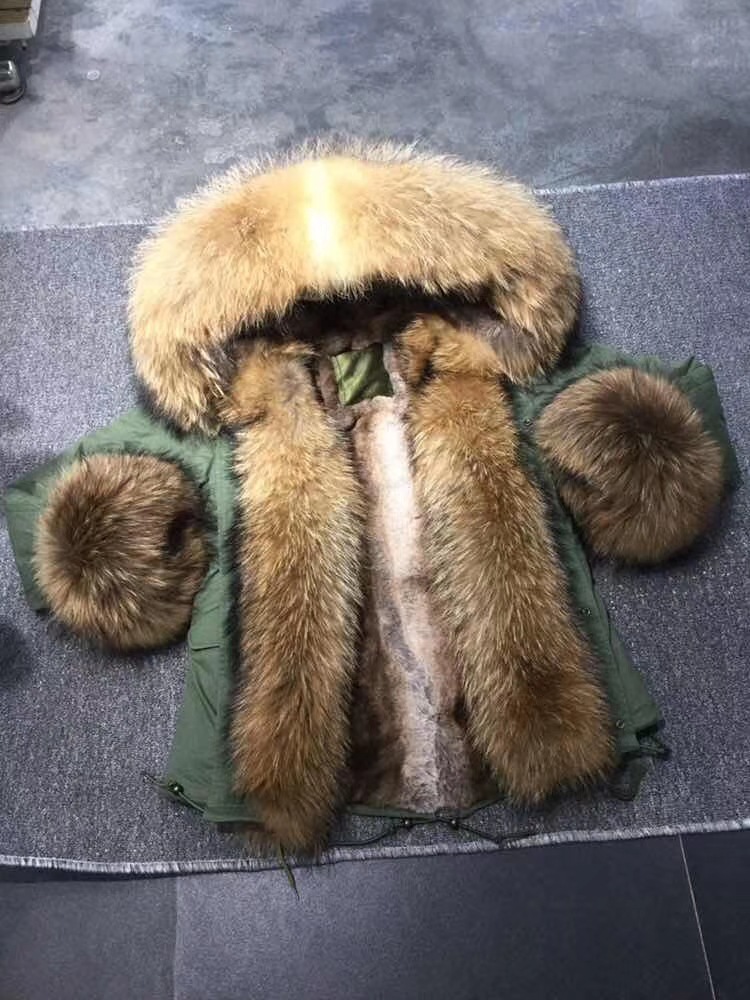 Cheap Warm Real Raccoon Fur Overcoat Fashion Women Coat - Green