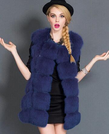 Cheap Winter Diamond Faux Fox Fur Vest Fashion Women Waistcoat - Blue