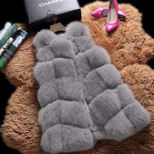 Cheap Winter Diamond Faux Fox Fur Vest Fashion Women Waistcoat - Gray