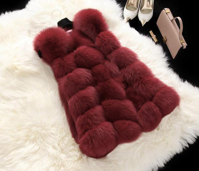 Cheap Winter Diamond Faux Fox Fur Vest Fashion Women Waistcoat - Red