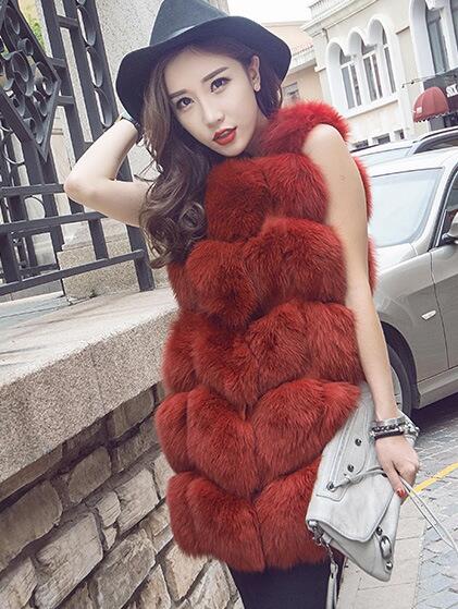 Cheap Winter Diamond Faux Fox Fur Vest Fashion Women Waistcoat - Red
