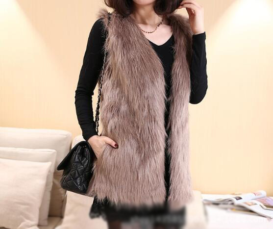 Cheap Winter Elegant Faux Fox Fur Vest Fashion Women Waistcoat - Khaki