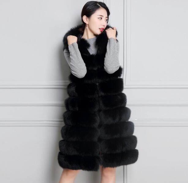Classic Long Furry Faux Fox Fur Vest Fashion Women Waistcoat - Black