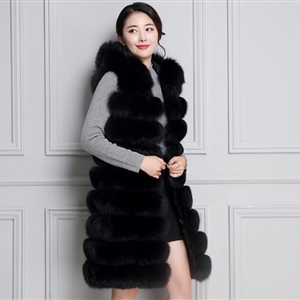 Classic Long Furry Faux Fox Fur Vest Fashion Women Waistcoat - Black