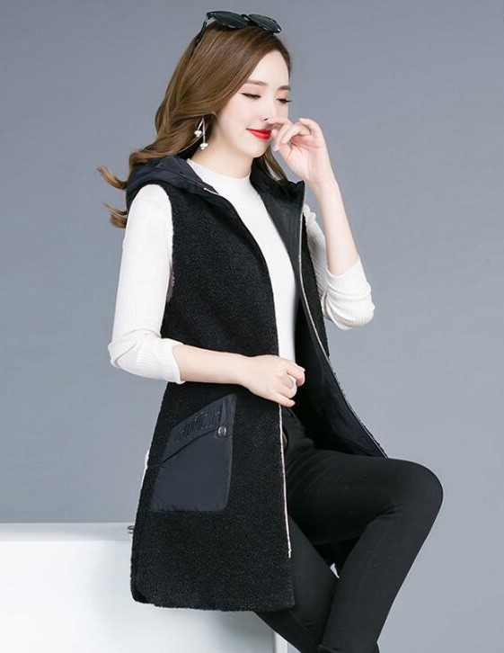 Classic Long Furry Faux Fox Fur Vest Fashion Women Waistcoat - Black
