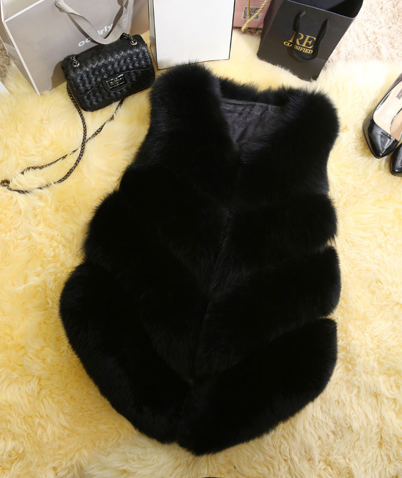 Cute Elegant Faux Fox Fur Vest Fashion Women Overcoat - Black