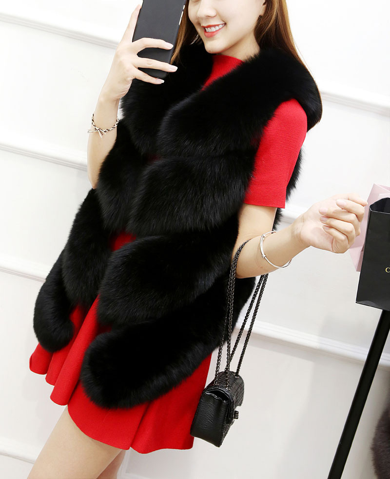 Cute Elegant Faux Fox Fur Vest Fashion Women Overcoat - Black