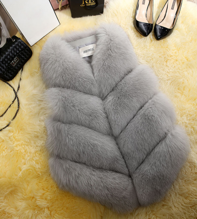 Cute Elegant Faux Fox Fur Vest Fashion Women Overcoat - Gray 01