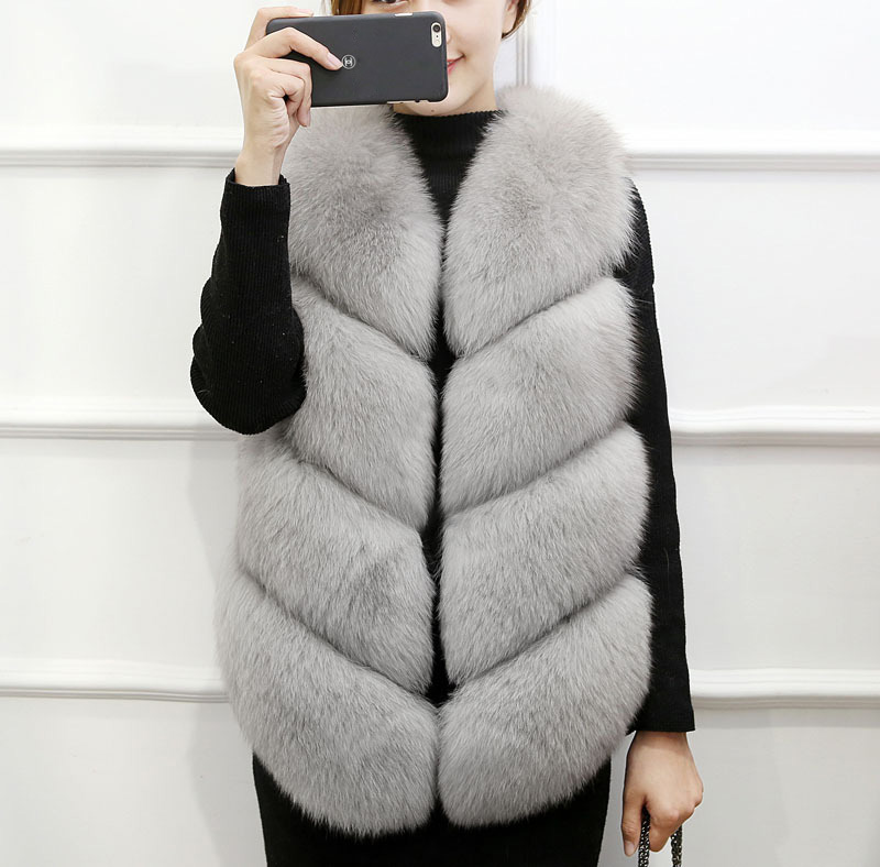 Cute Elegant Faux Fox Fur Vest Fashion Women Overcoat - Gray 01