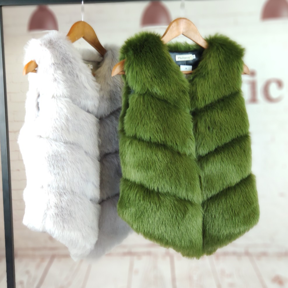 Cute Elegant Faux Fox Fur Vest Fashion Women Overcoat- Green