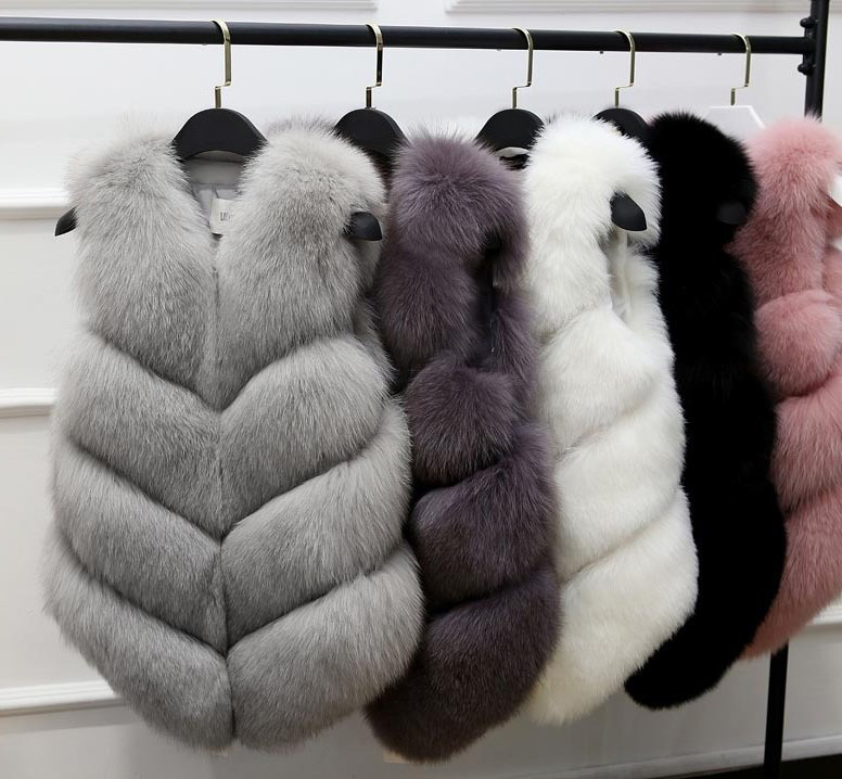 Cute Elegant Faux Fox Fur Vest Fashion Women Overcoat - Black