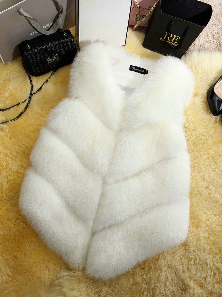 Cute Elegant Faux Fox Fur Vest Fashion Women Overcoat - White