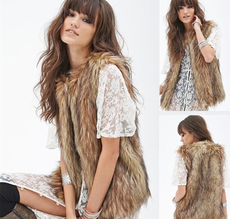 Cute Elegant Faux Raccoon Fur Vest Fashion Women Overcoat - Brown