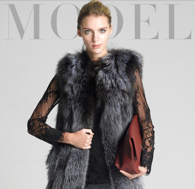 Elegant Faux Fox Fur Vest Fashion Women Overcoat - Black
