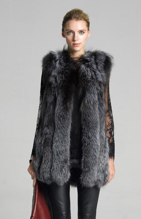 Elegant Faux Fox Fur Vest Fashion Women Overcoat - Black