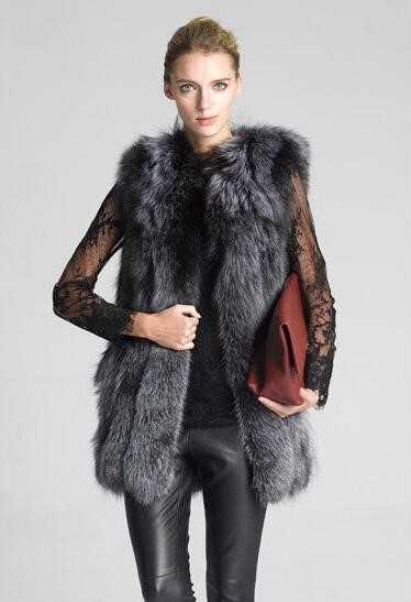 Elegant Faux Fox Fur Vest Fashion Women Overcoat - Black