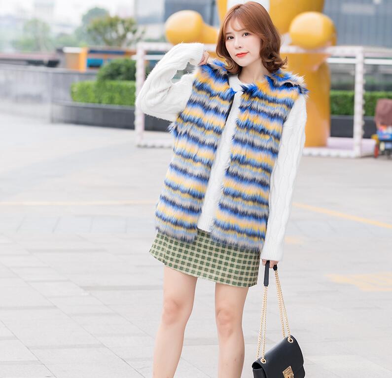 Elegant Faux Fox Fur Vest Fashion Women Overcoat - Blue
