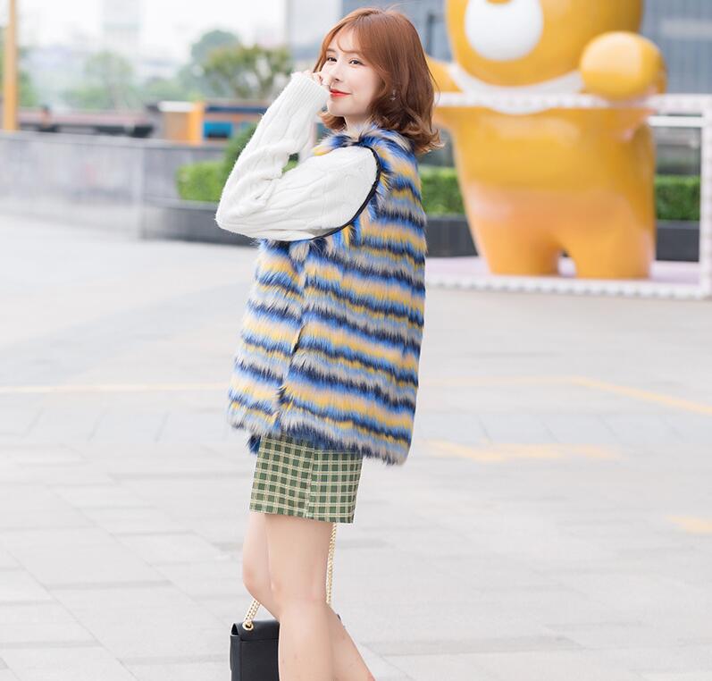 Elegant Faux Fox Fur Vest Fashion Women Overcoat - Blue