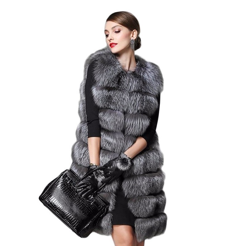 Elegant Faux Fox Fur Vest Fashion Women Overcoat - Grey