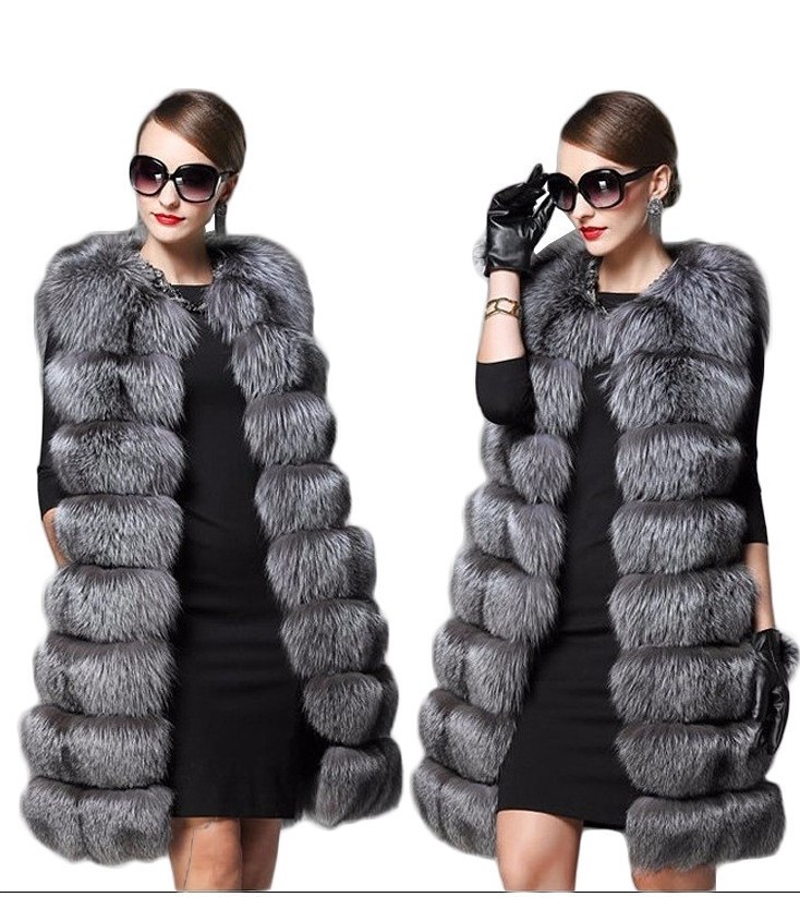 Elegant Faux Fox Fur Vest Fashion Women Overcoat - Grey