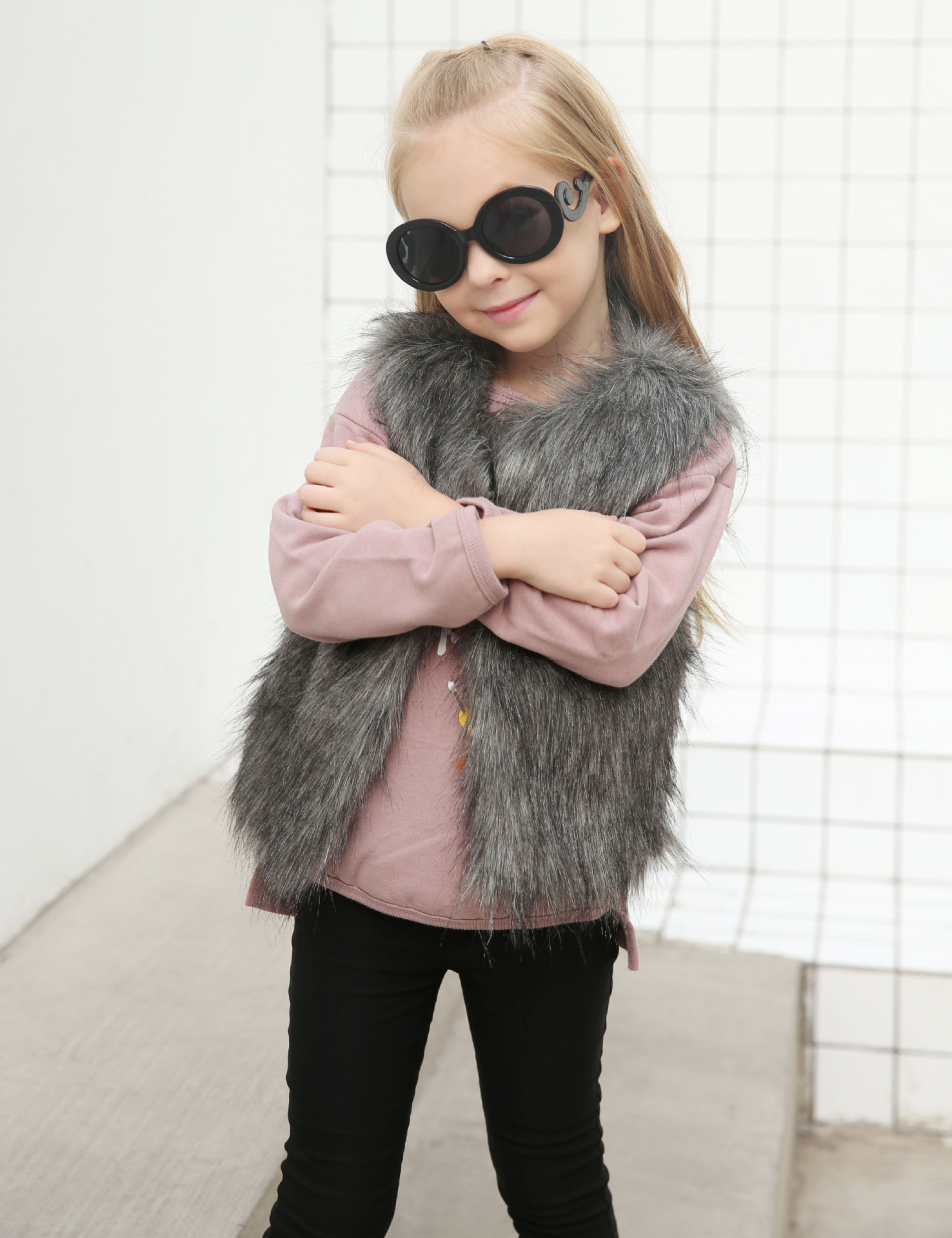 Elegant Faux Fur Vest Fashion Girl Overcoat - Gray