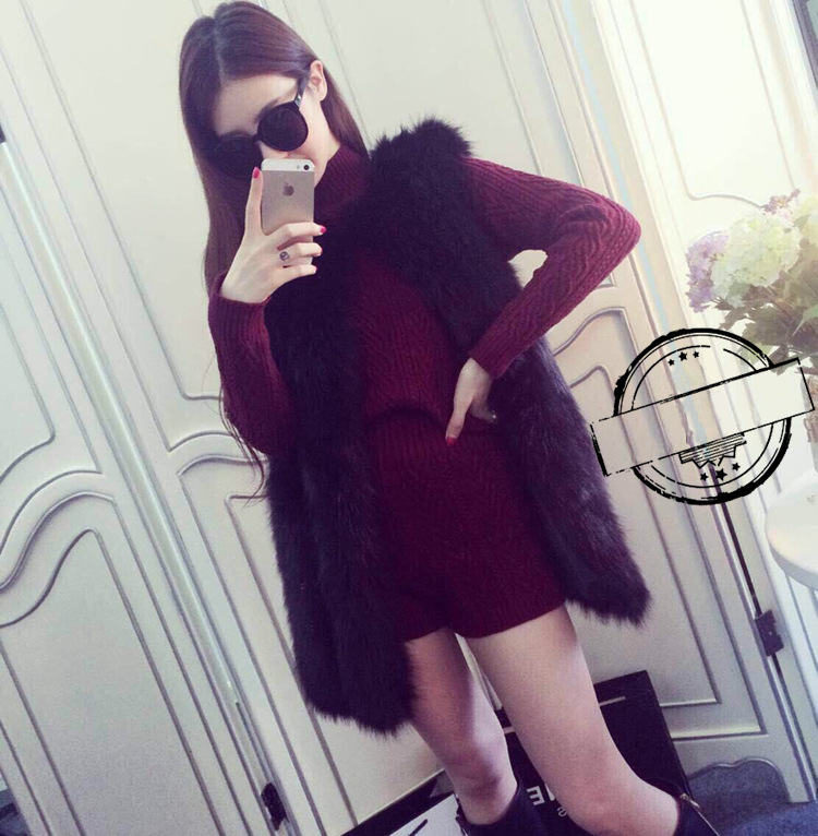Elegant Genuine Real Fox Fur Vest Fashion Women Medium-long With Belt Fur Waistcoat - Black