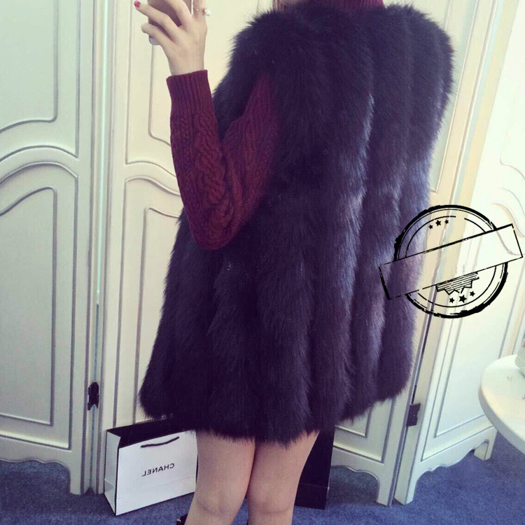 Elegant Genuine Real Fox Fur Vest Fashion Women Medium-long With Belt Fur Waistcoat - Black