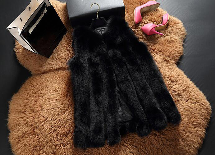 Elegant Genuine Real Fox Fur Vest Fashion Women Medium-long With Belt Fur Waistcoat - Black