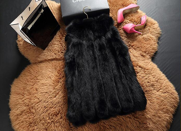 Elegant Genuine Real Fox Fur Vest Fashion Women Medium-long With Belt Fur Waistcoat - Black
